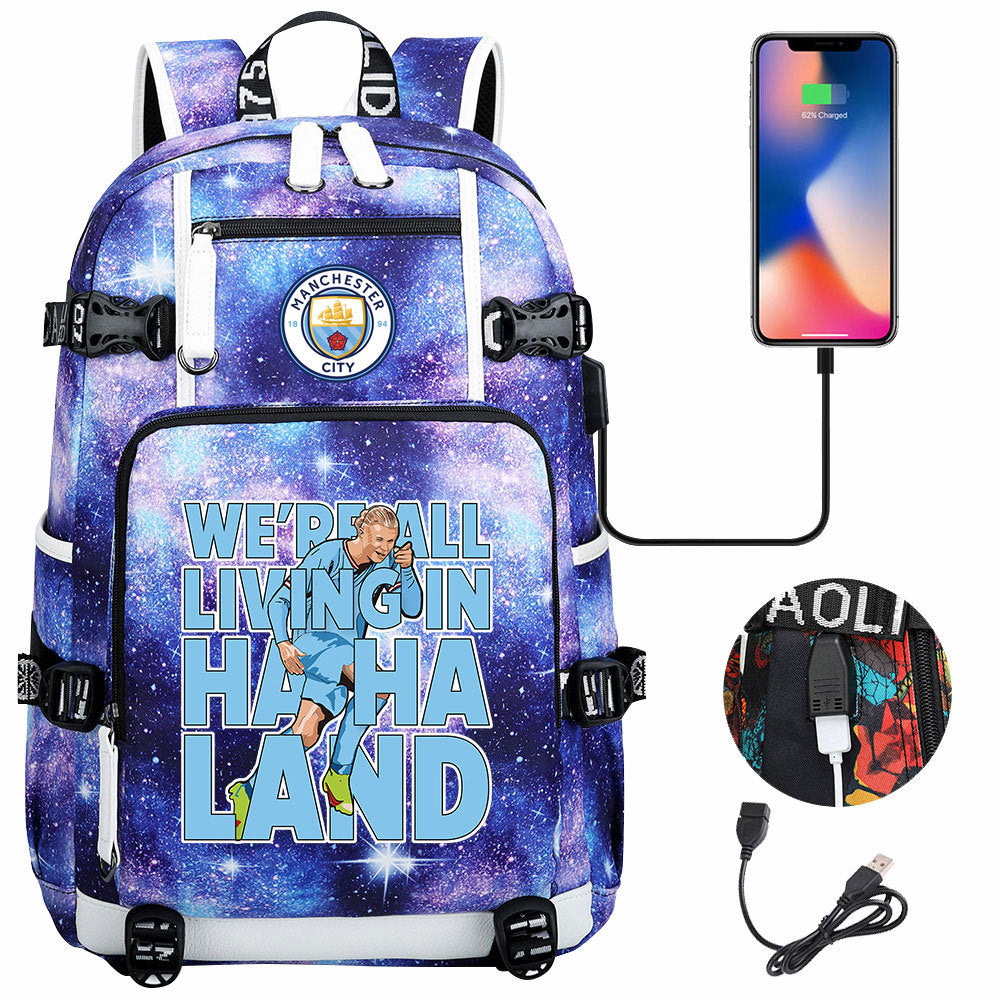 Manchester Football Haaland USB Charging Backpack School Notebook Travel Bags