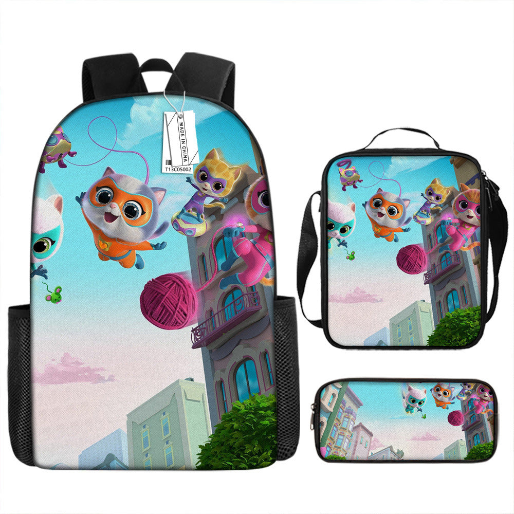 Super Kitties Full Printed Backpack Schoolbag Travel Notebook Bag Lunch Bag Pencil Bag for Kids Students 3PCS