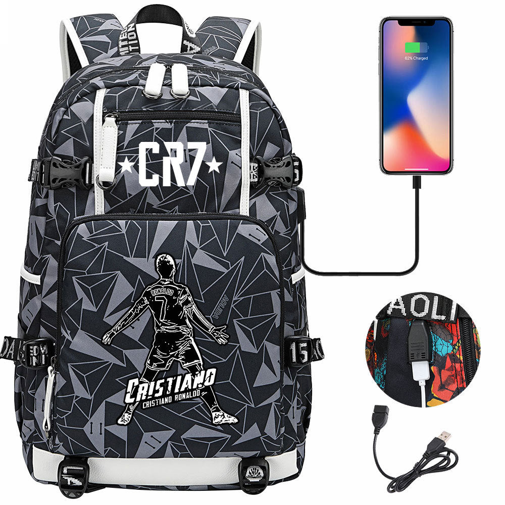 CR7 Football Ronaldo USB Charging Backpack School Notebook Travel Bags