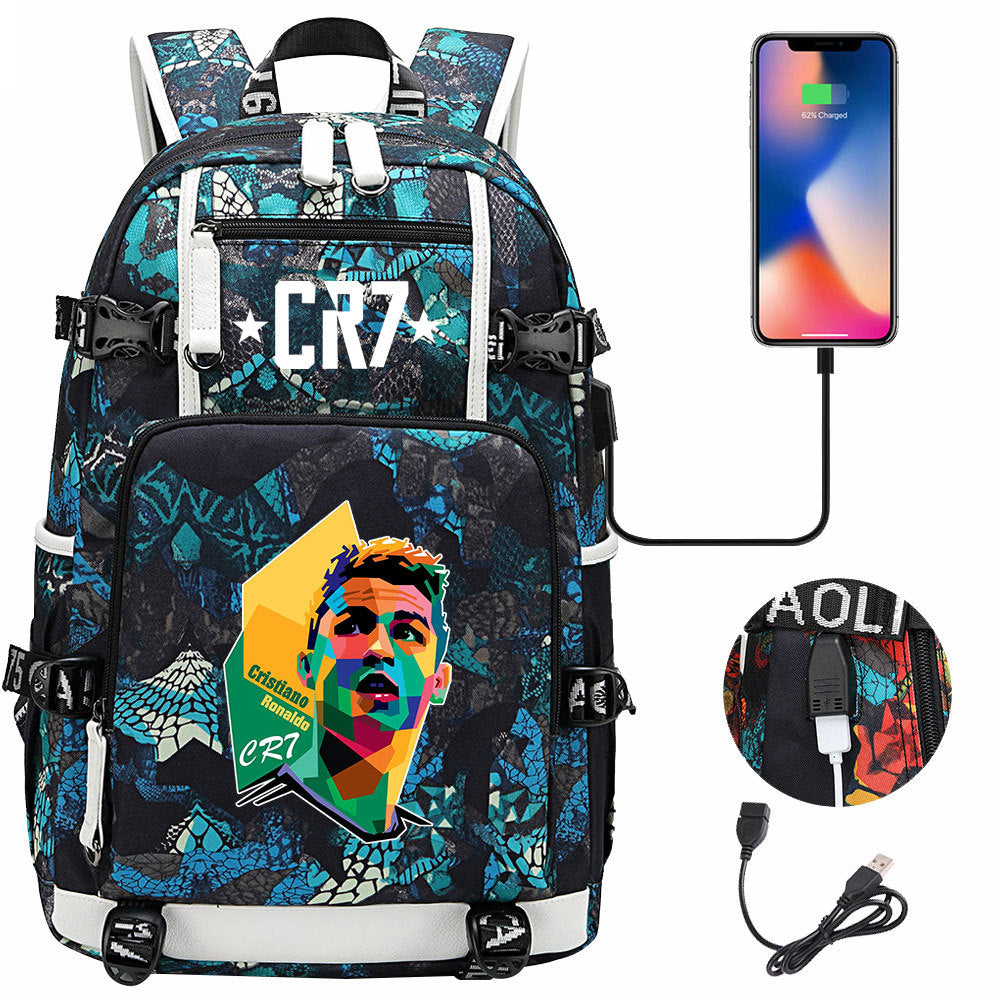 CR7 Football Ronaldo USB Charging Backpack School Notebook Travel Bags