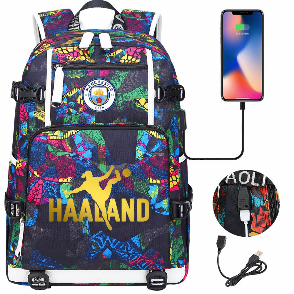 Manchester Football Haaland USB Charging Backpack School Notebook Travel Bags