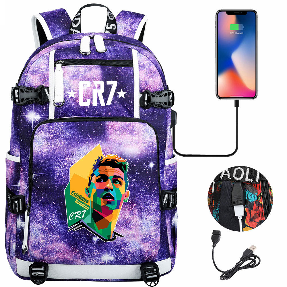 CR7 Football Ronaldo USB Charging Backpack School Notebook Travel Bags