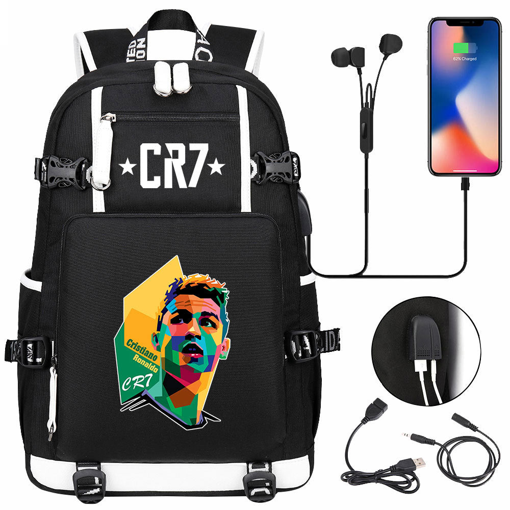 CR7 Football Ronaldo USB Charging Backpack School Notebook Travel Bags