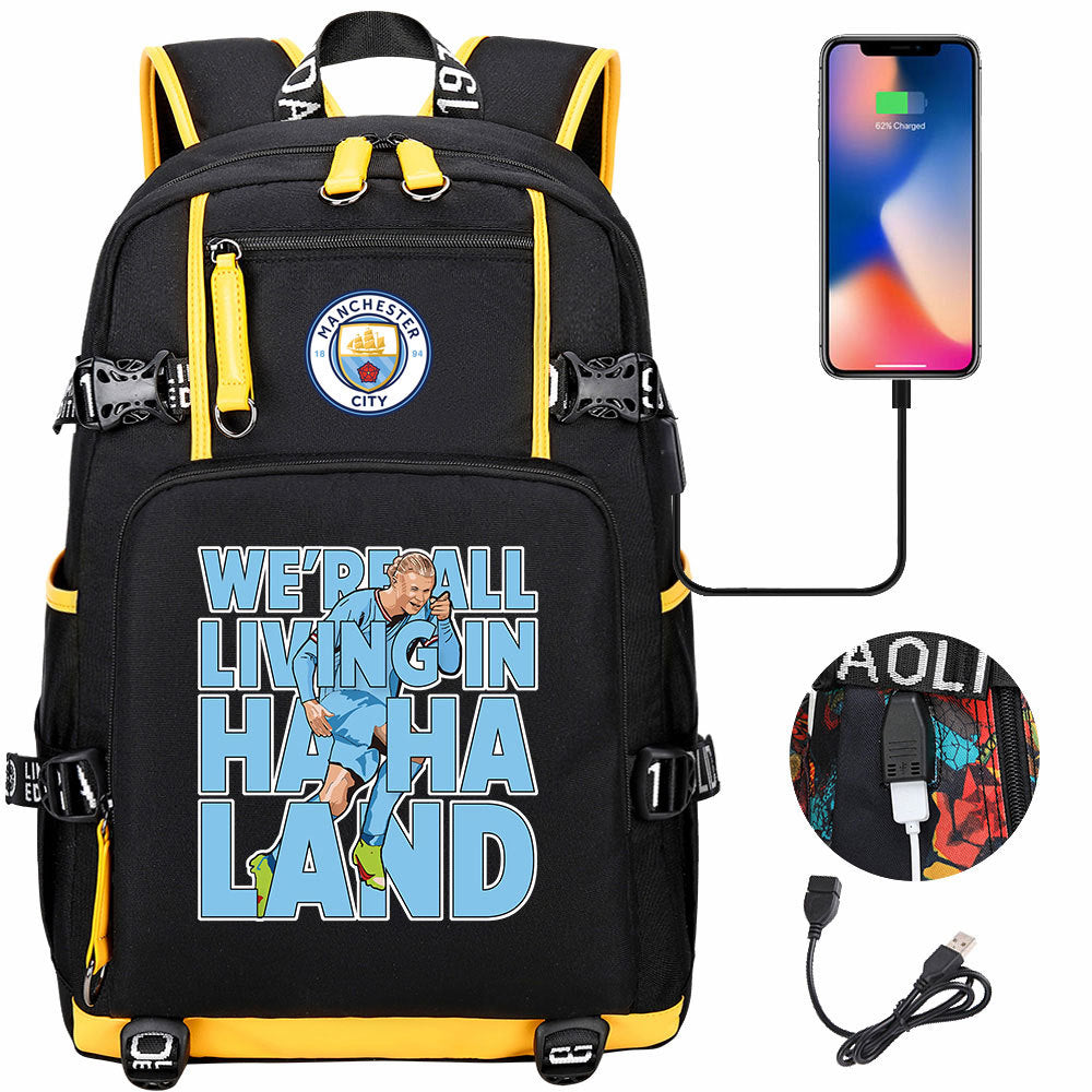 Manchester Football Haaland USB Charging Backpack School Notebook Travel Bags