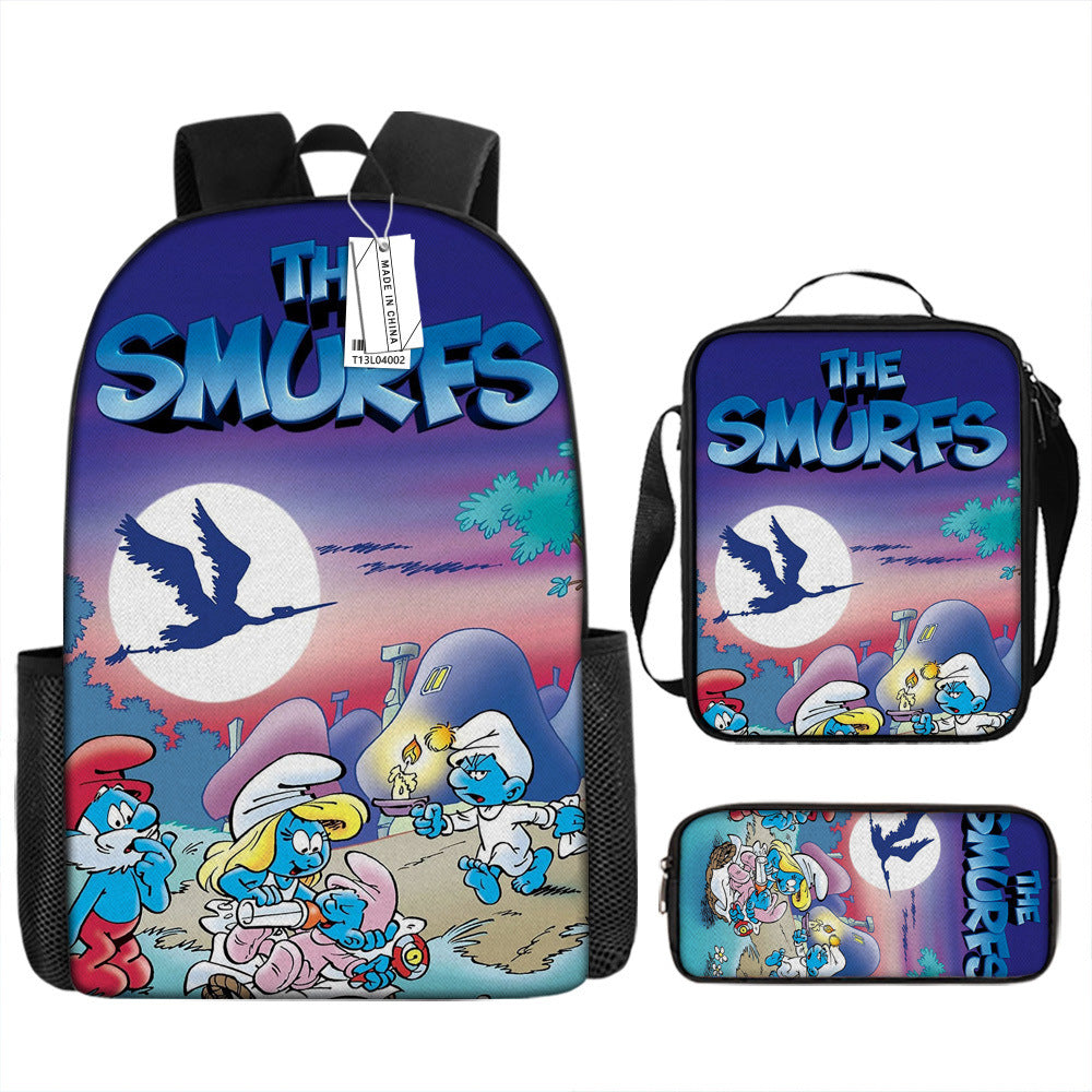 The Smurfs Full Printed Backpack Schoolbag Travel Notebook Bag Lunch Bag Pencil Bag for Kids Students 3PCS