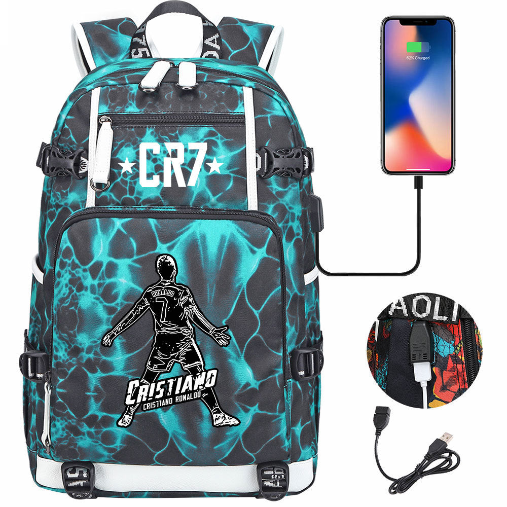 CR7 Football Ronaldo USB Charging Backpack School Notebook Travel Bags