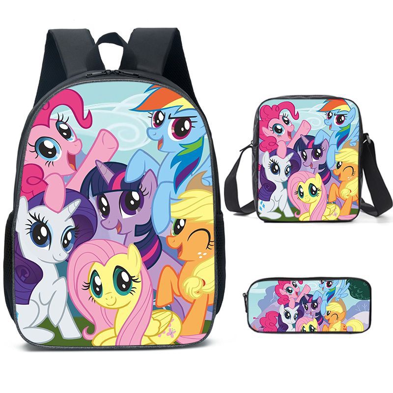 My Little Pony Full Printed Backpack Schoolbag Travel Notebook Bag Lunch Bag Pencil Bag for Kids Students 3PCS