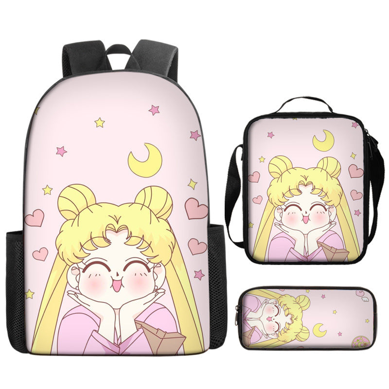 Sailor Moon Full Printed Backpack Schoolbag Travel Notebook Bag Lunch Bag Pencil Bag for Kids Students 3PCS