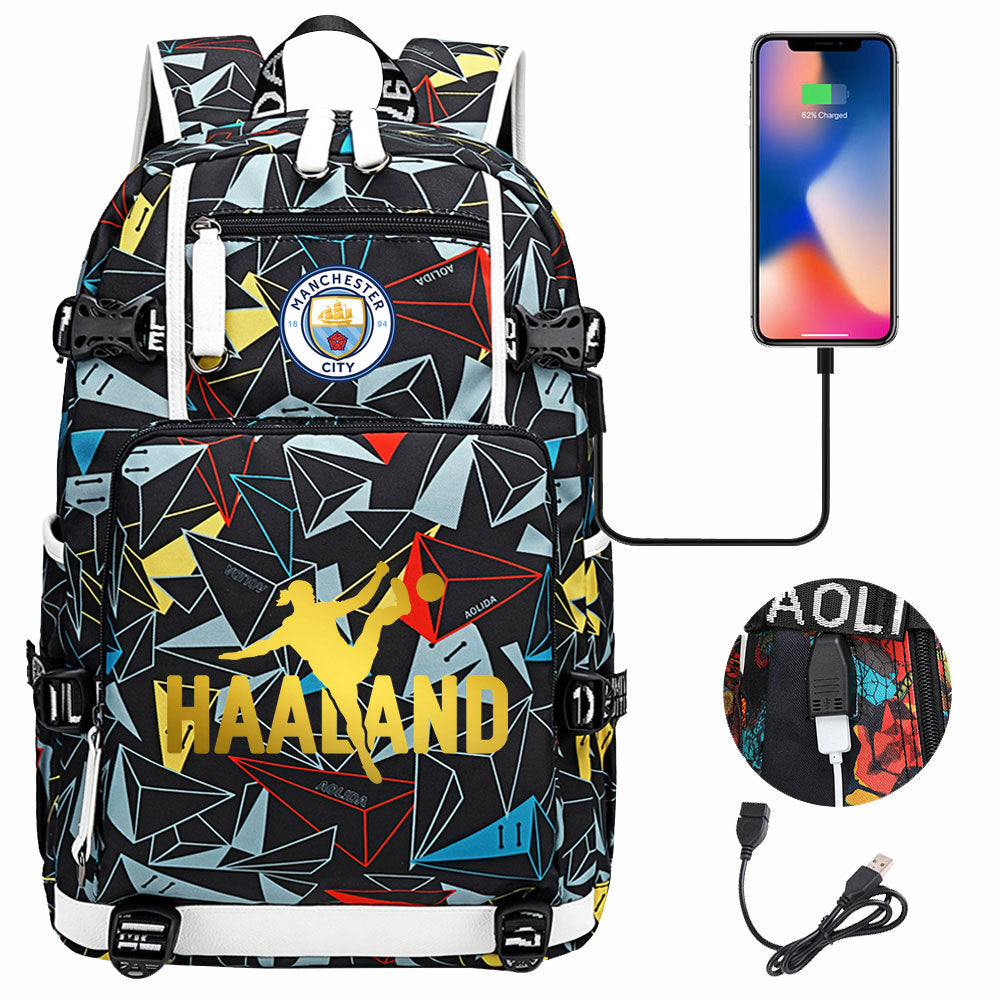 Manchester Football Haaland USB Charging Backpack School Notebook Travel Bags