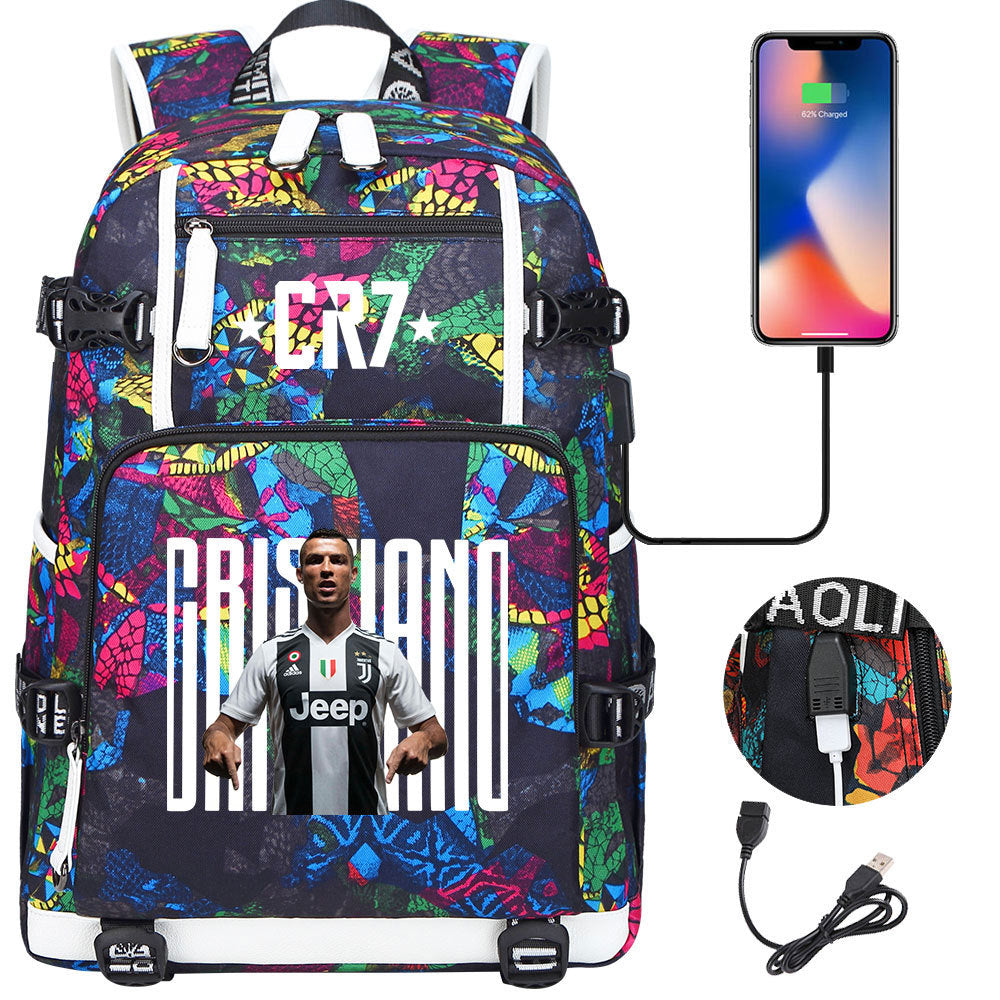 CR7 Football Ronaldo USB Charging Backpack School Notebook Travel Bags