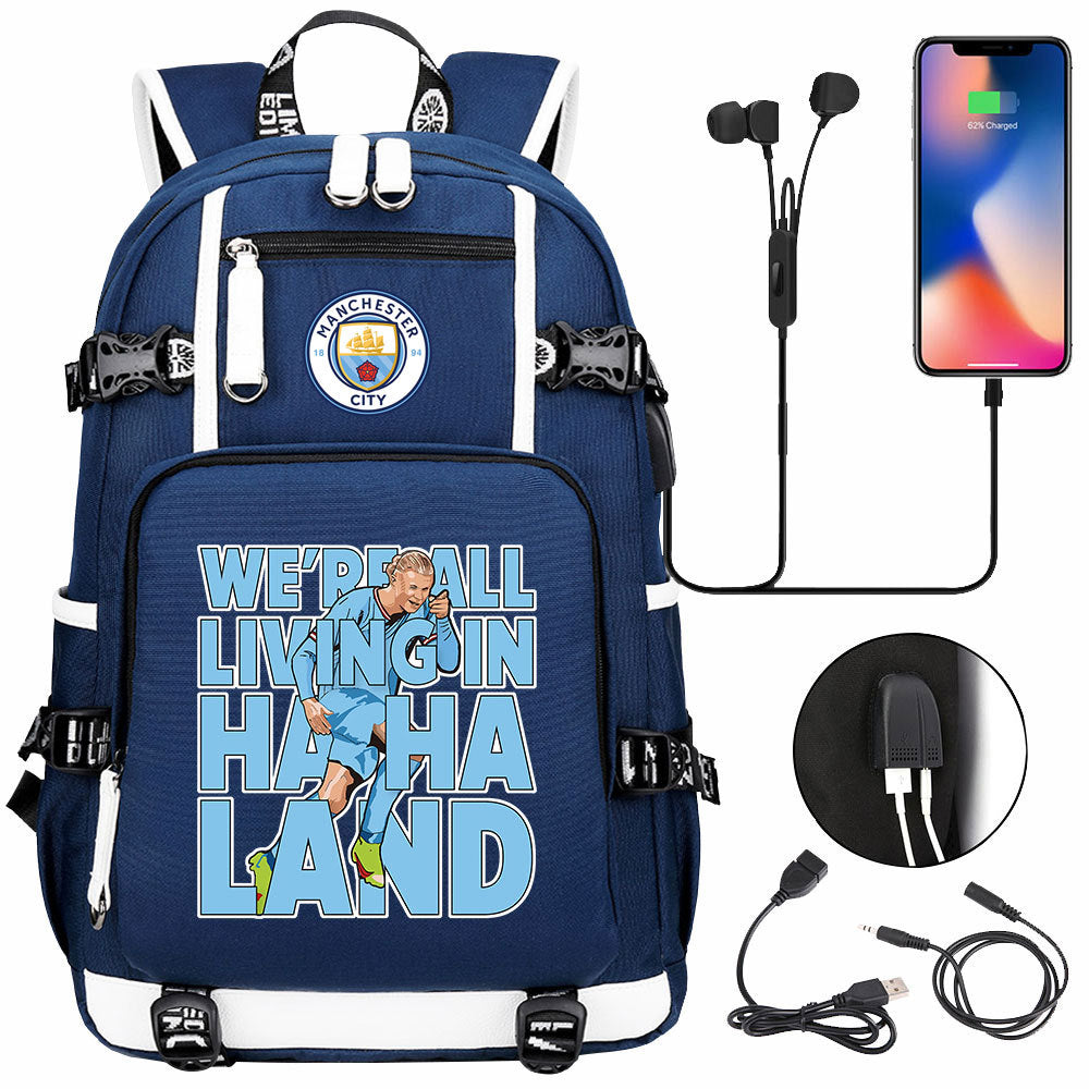 Manchester Football Haaland USB Charging Backpack School Notebook Travel Bags