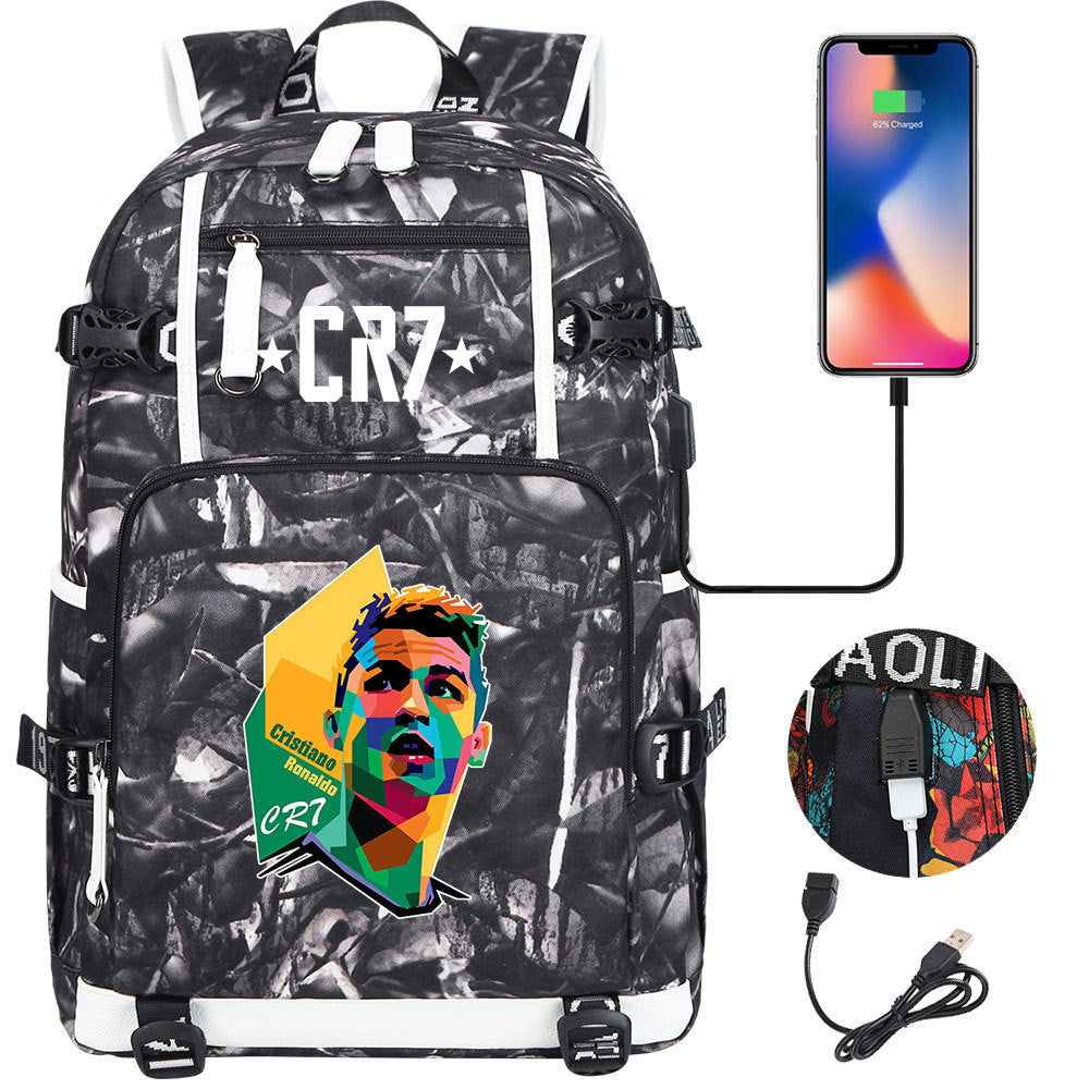 CR7 Football Ronaldo USB Charging Backpack School Notebook Travel Bags