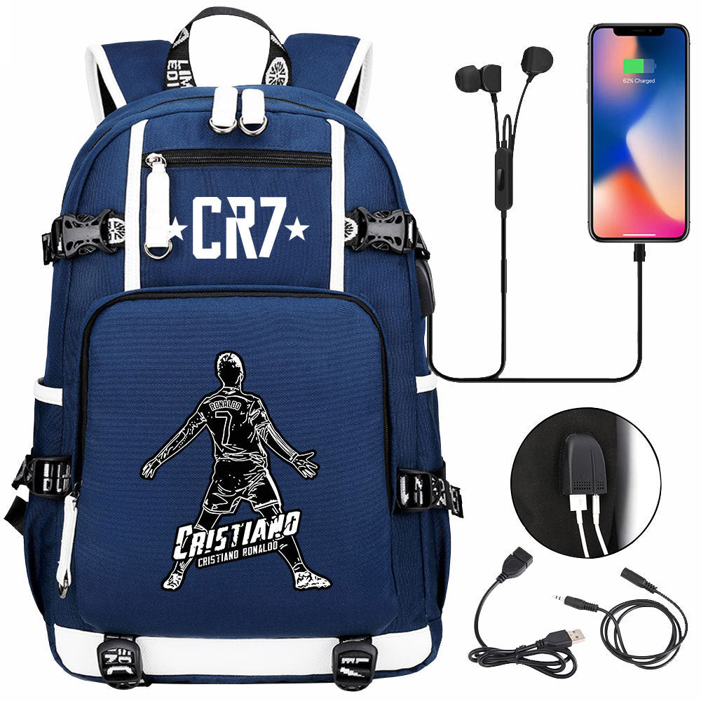 CR7 Football Ronaldo USB Charging Backpack School Notebook Travel Bags