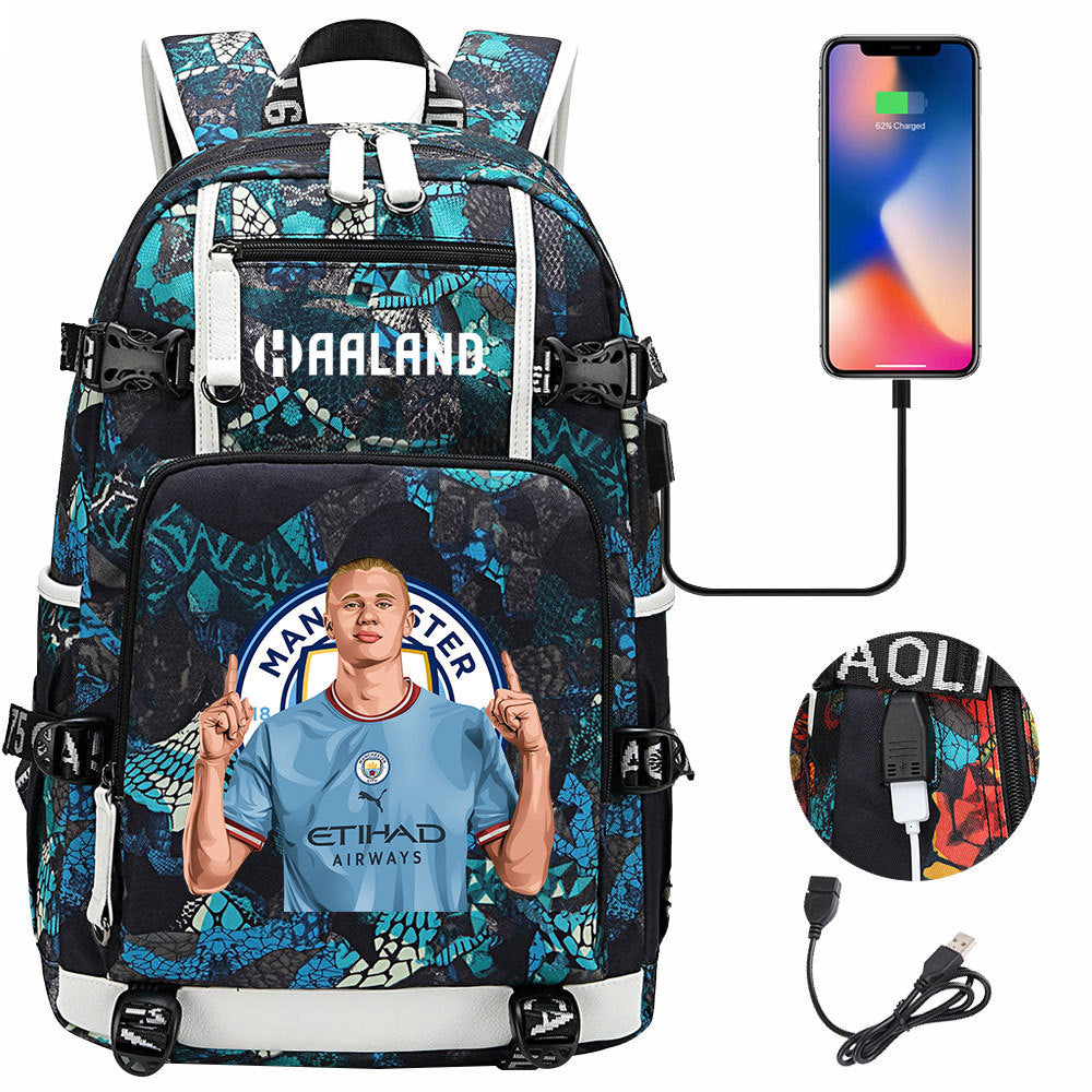 Manchester Football Haaland USB Charging Backpack School Notebook Travel Bags