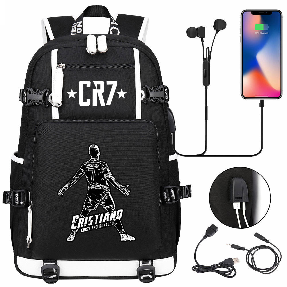 CR7 Football Ronaldo USB Charging Backpack School Notebook Travel Bags