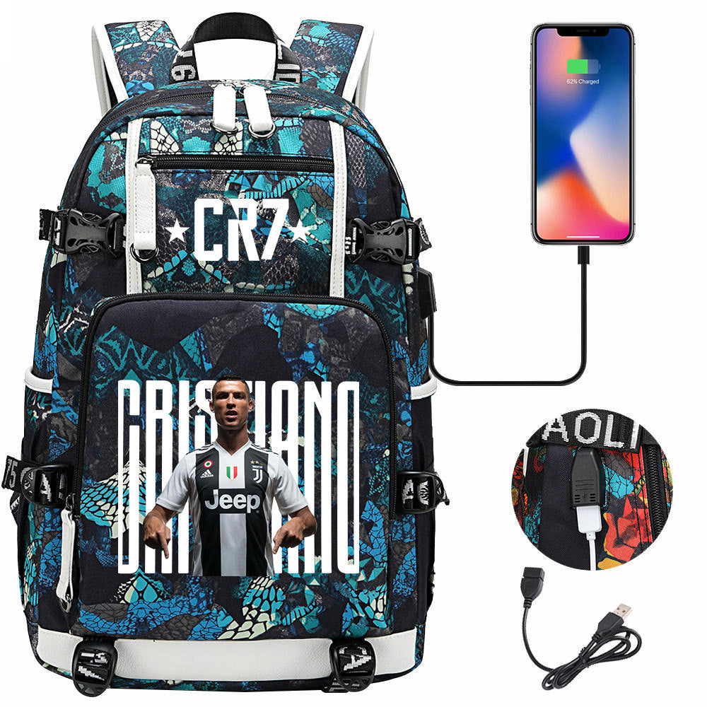 CR7 Football Ronaldo USB Charging Backpack School Notebook Travel Bags