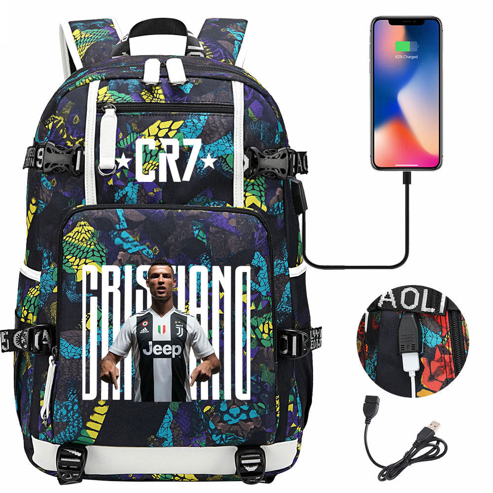 CR7 Football Ronaldo USB Charging Backpack School Notebook Travel Bags