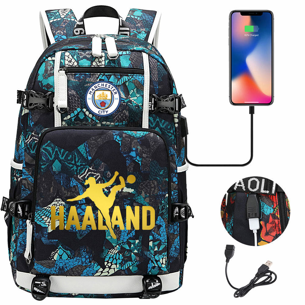 Manchester Football Haaland USB Charging Backpack School Notebook Travel Bags