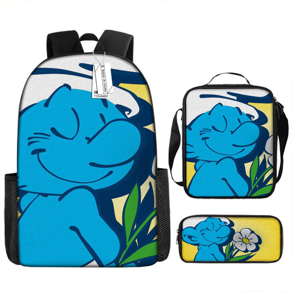 The Smurfs Full Printed Backpack Schoolbag Travel Notebook Bag Lunch Bag Pencil Bag for Kids Students 3PCS