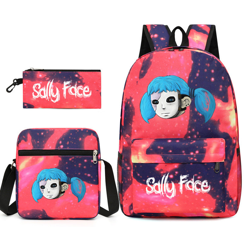 Sally Face Printed Schoolbag Backpack Shoulder Bag Pencil Bag 3pcs set for Kids Students