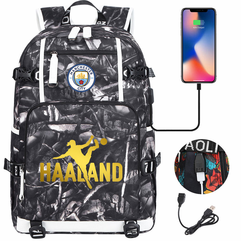 Manchester Football Haaland USB Charging Backpack School Notebook Travel Bags