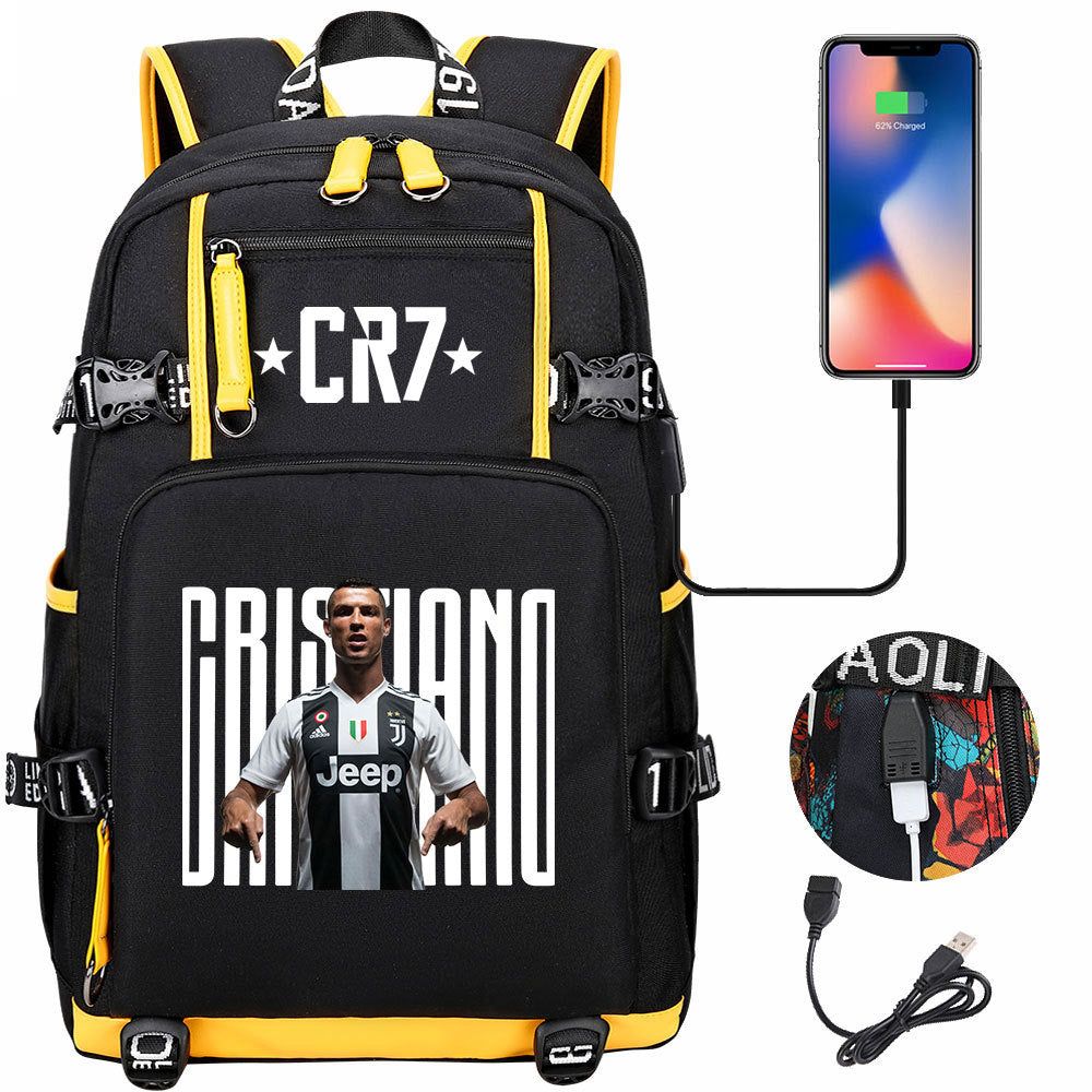 CR7 Football Ronaldo USB Charging Backpack School Notebook Travel Bags