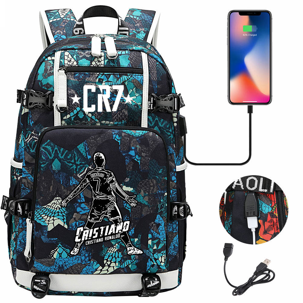 CR7 Football Ronaldo USB Charging Backpack School Notebook Travel Bags