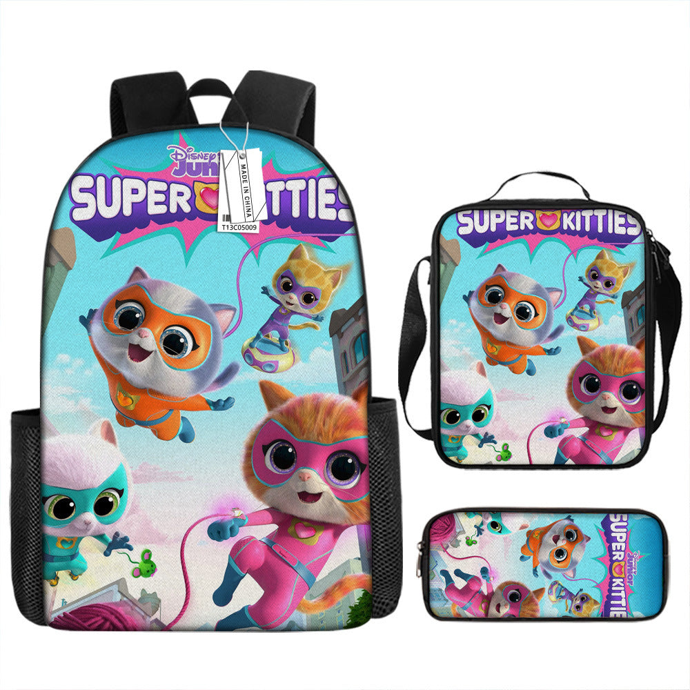 Super Kitties Full Printed Backpack Schoolbag Travel Notebook Bag Lunch Bag Pencil Bag for Kids Students 3PCS