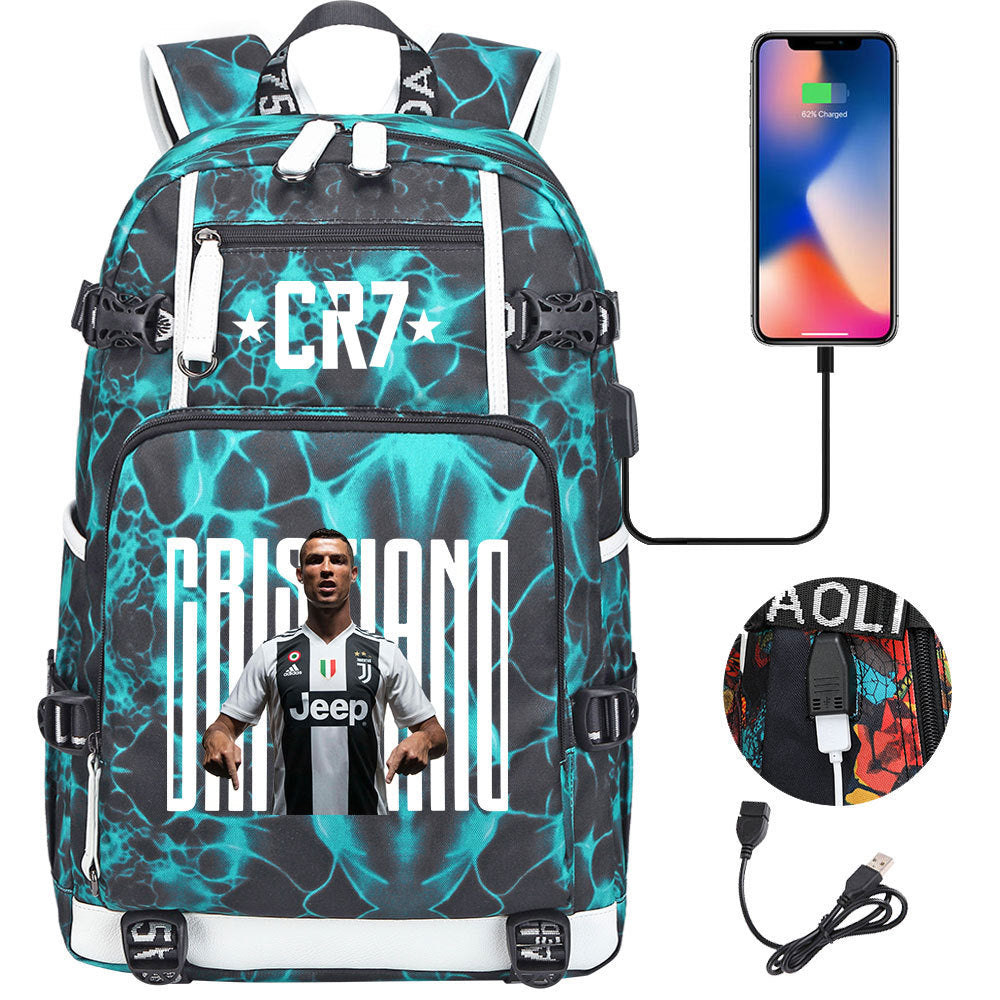 CR7 Football Ronaldo USB Charging Backpack School Notebook Travel Bags