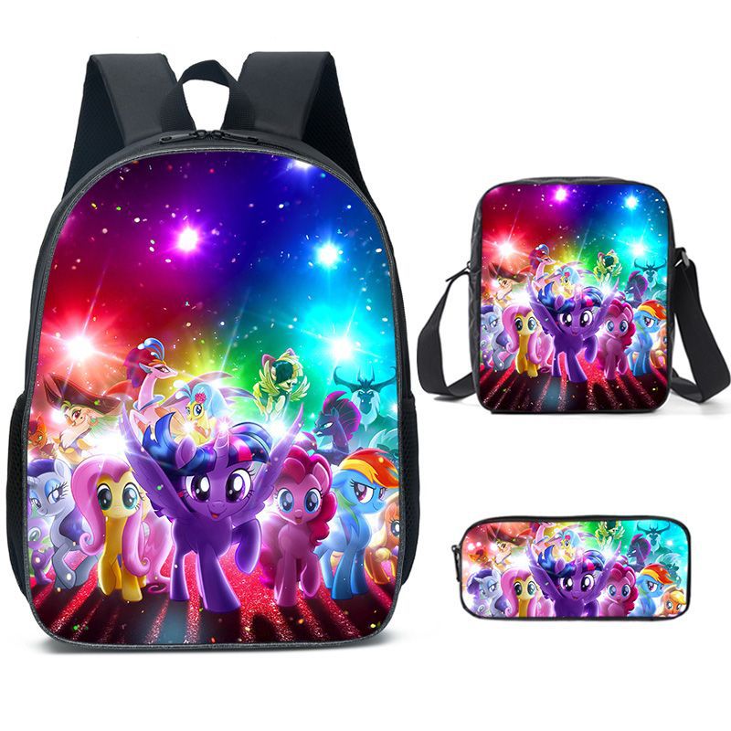 My Little Pony Full Printed Backpack Schoolbag Travel Notebook Bag Lunch Bag Pencil Bag for Kids Students 3PCS