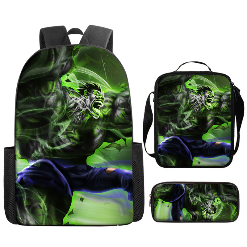 Hulk Superhero Full Printed Backpack Schoolbag Travel Notebook Bag Lunch Bag Pencil Bag for Kids Students 3PCS