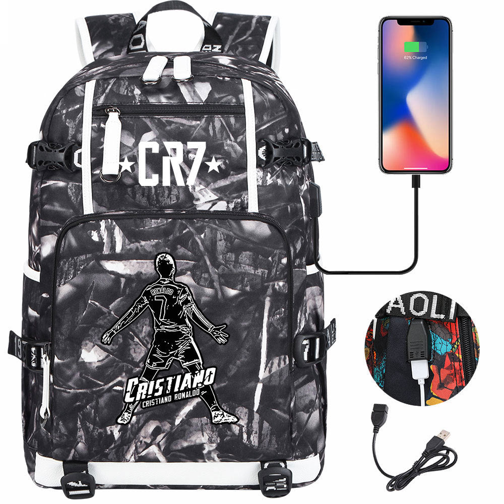 CR7 Football Ronaldo USB Charging Backpack School Notebook Travel Bags