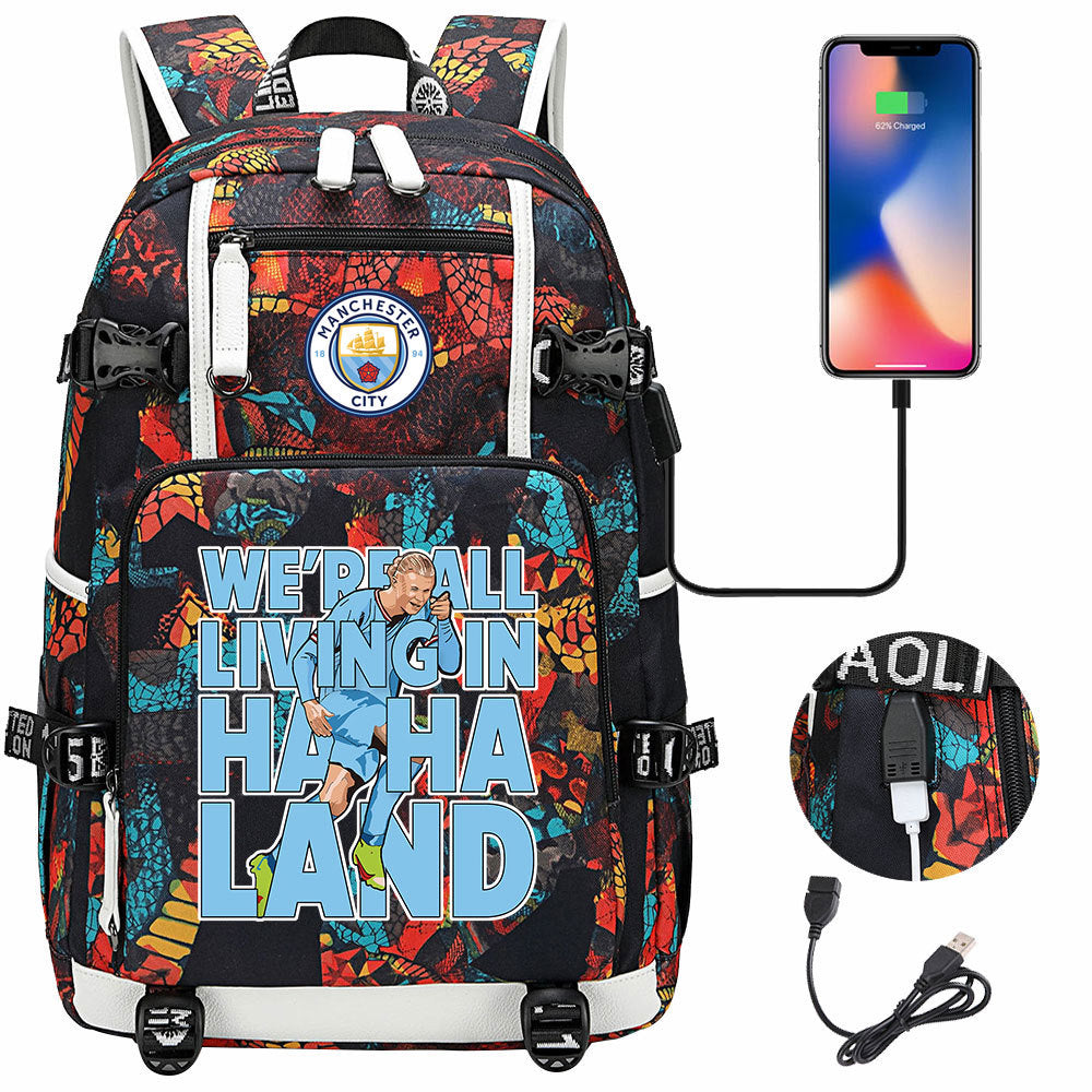 Manchester Football Haaland USB Charging Backpack School Notebook Travel Bags