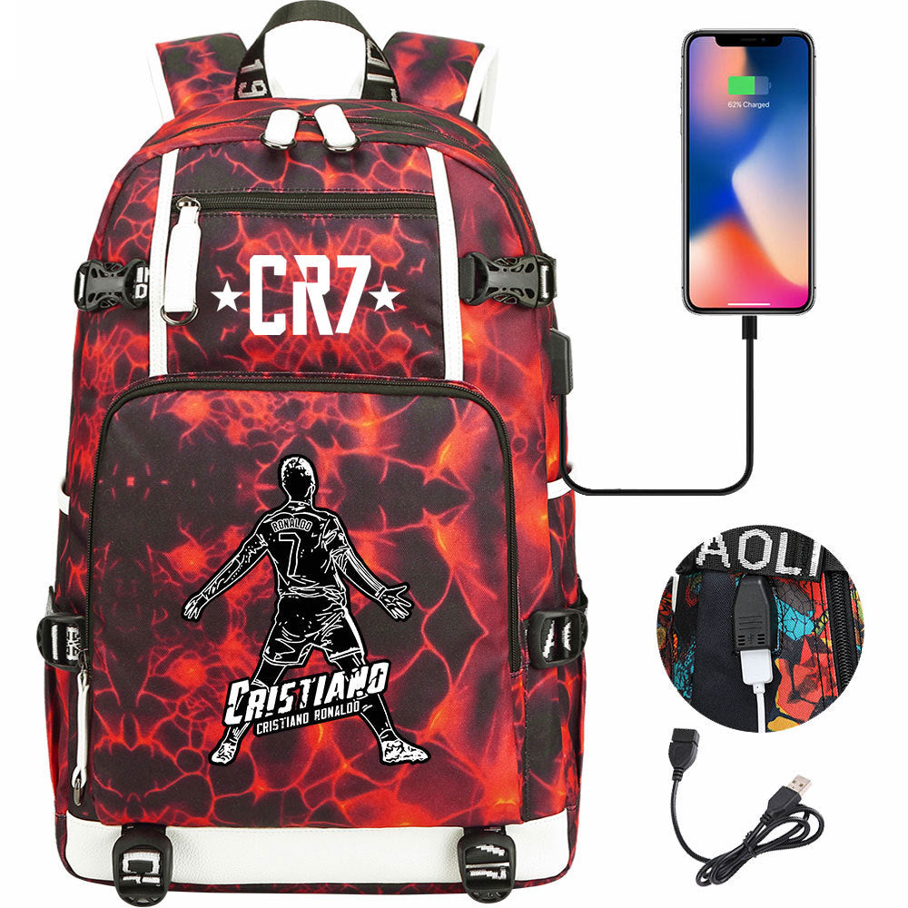 CR7 Football Ronaldo USB Charging Backpack School Notebook Travel Bags