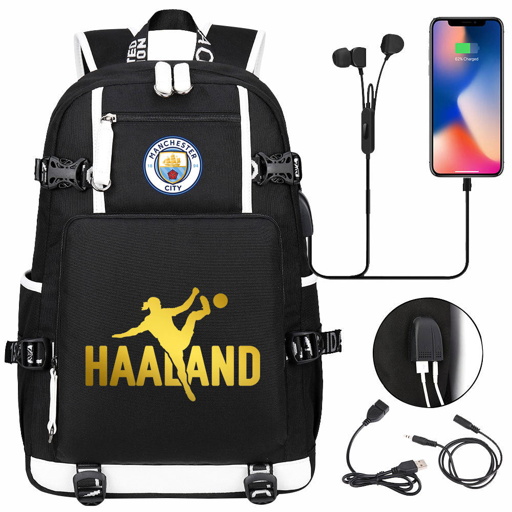 Manchester Football Haaland USB Charging Backpack School Notebook Travel Bags