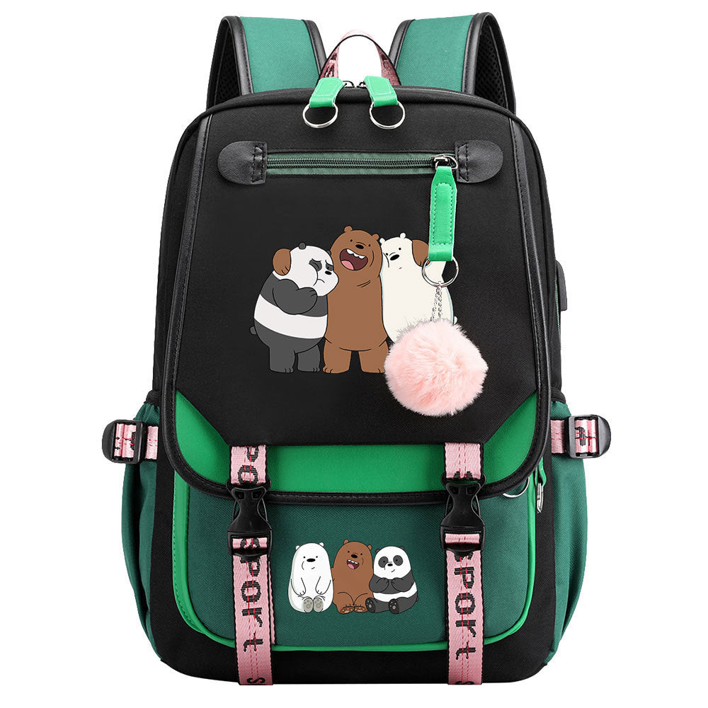 We BareBears Waterproof Backpack School Notebook Travel Bags USB Charging