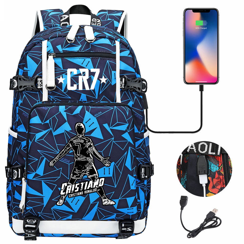 CR7 Football Ronaldo USB Charging Backpack School Notebook Travel Bags