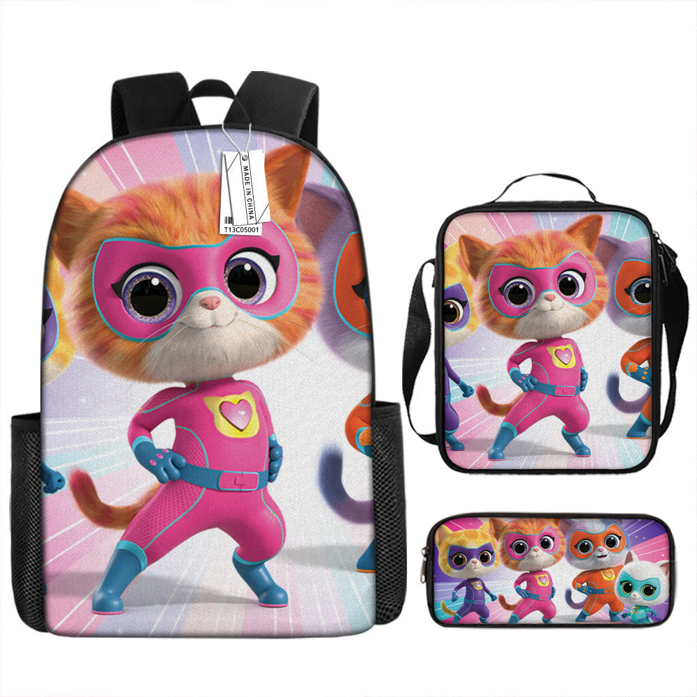 Super Kitties Full Printed Backpack Schoolbag Travel Notebook Bag Lunch Bag Pencil Bag for Kids Students 3PCS