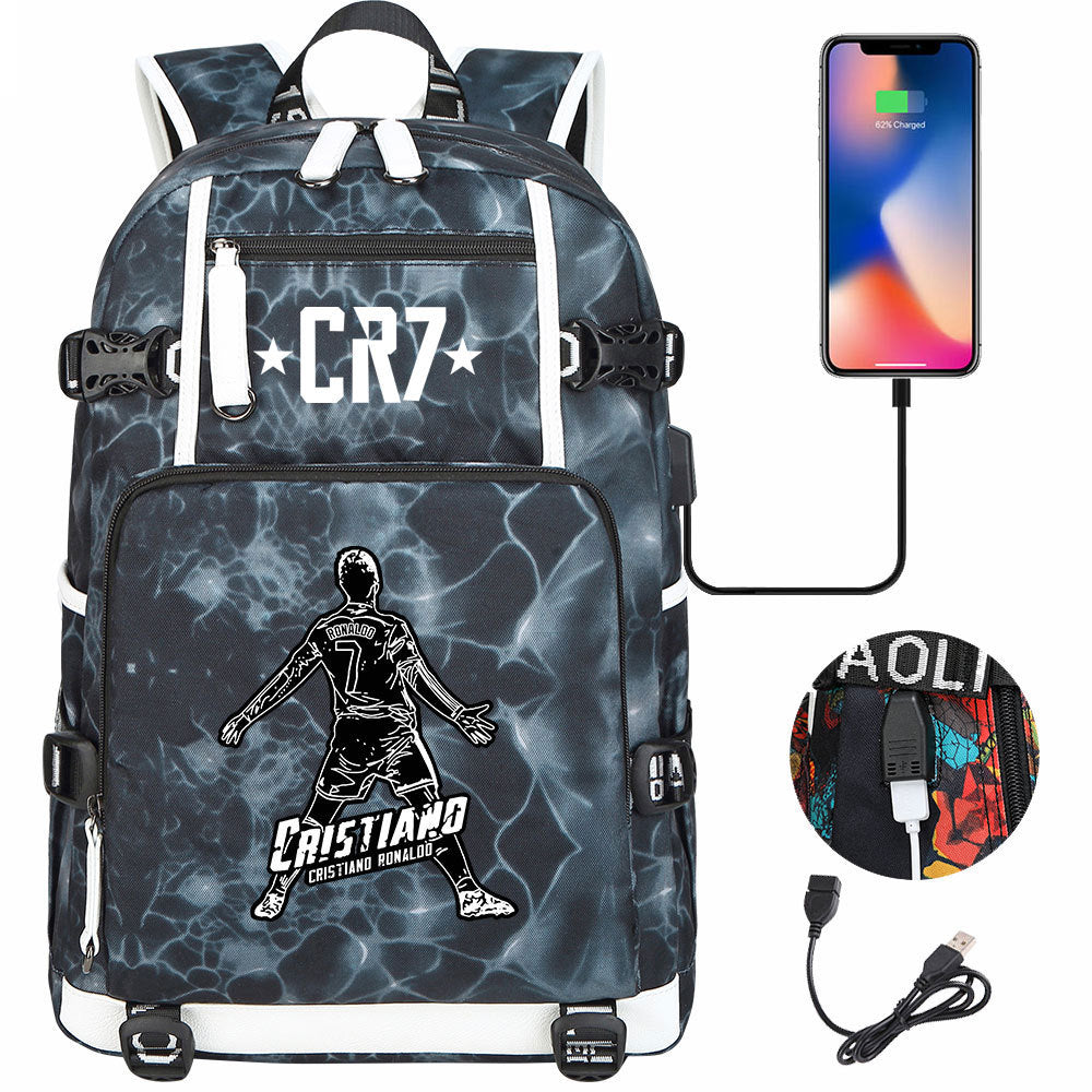 CR7 Football Ronaldo USB Charging Backpack School Notebook Travel Bags