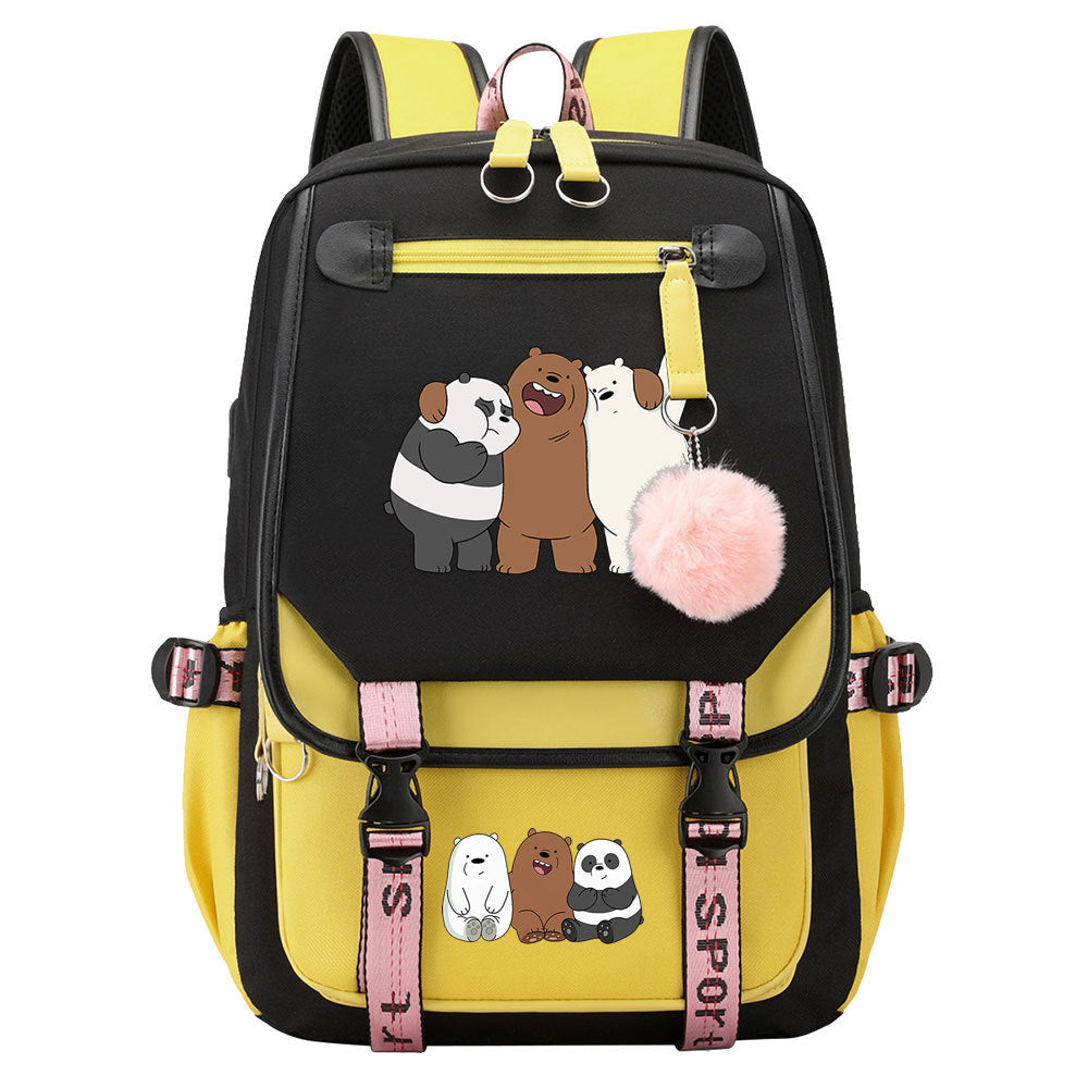 We BareBears Waterproof Backpack School Notebook Travel Bags USB Charging