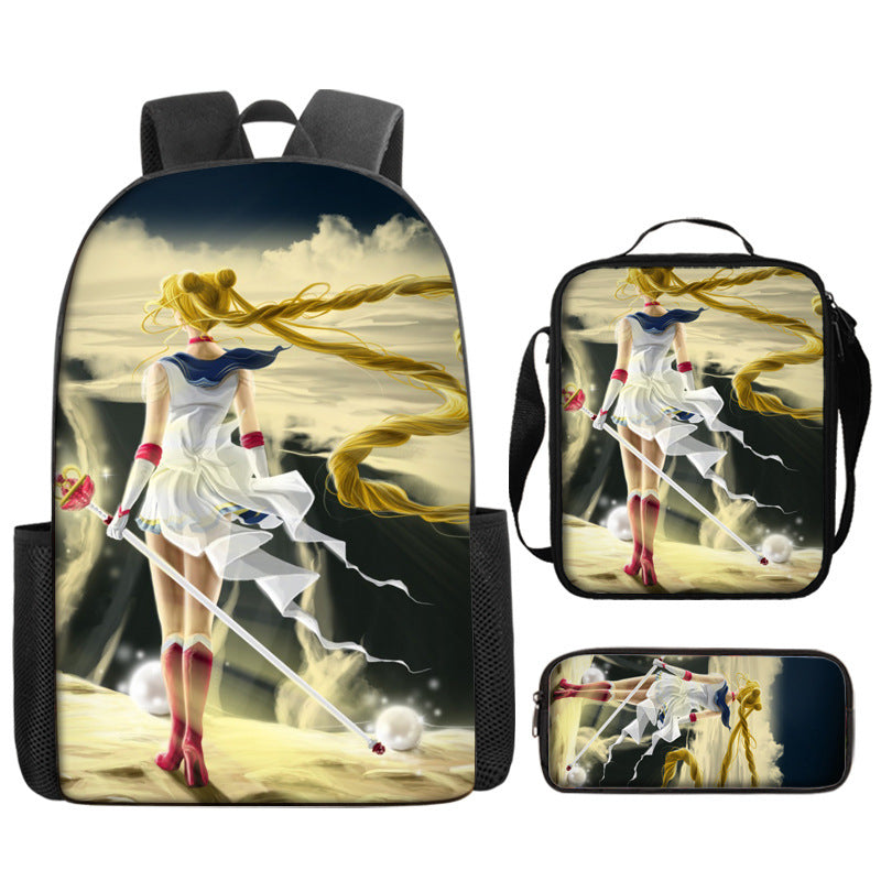 Sailor Moon Full Printed Backpack Schoolbag Travel Notebook Bag Lunch Bag Pencil Bag for Kids Students 3PCS