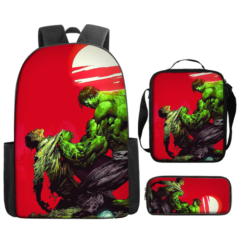 Hulk Superhero Full Printed Backpack Schoolbag Travel Notebook Bag Lunch Bag Pencil Bag for Kids Students 3PCS