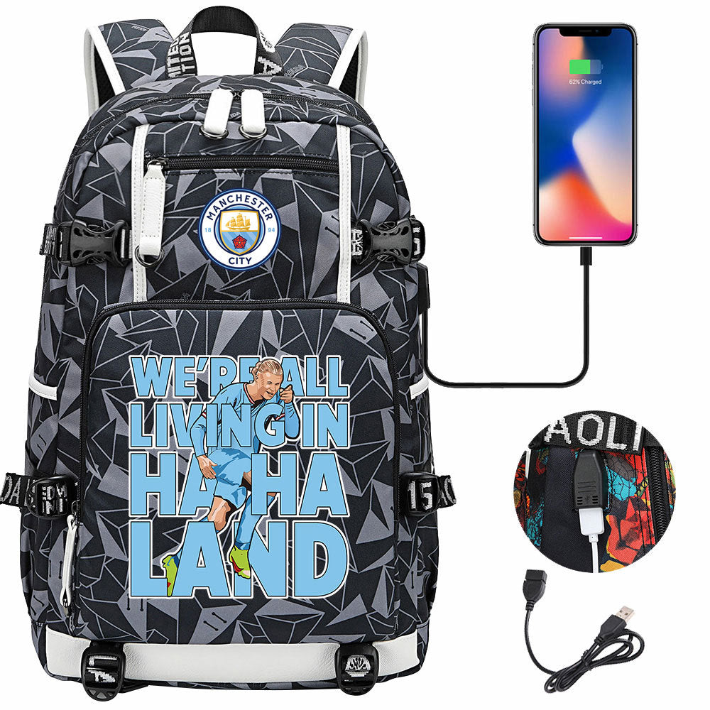 Manchester Football Haaland USB Charging Backpack School Notebook Travel Bags