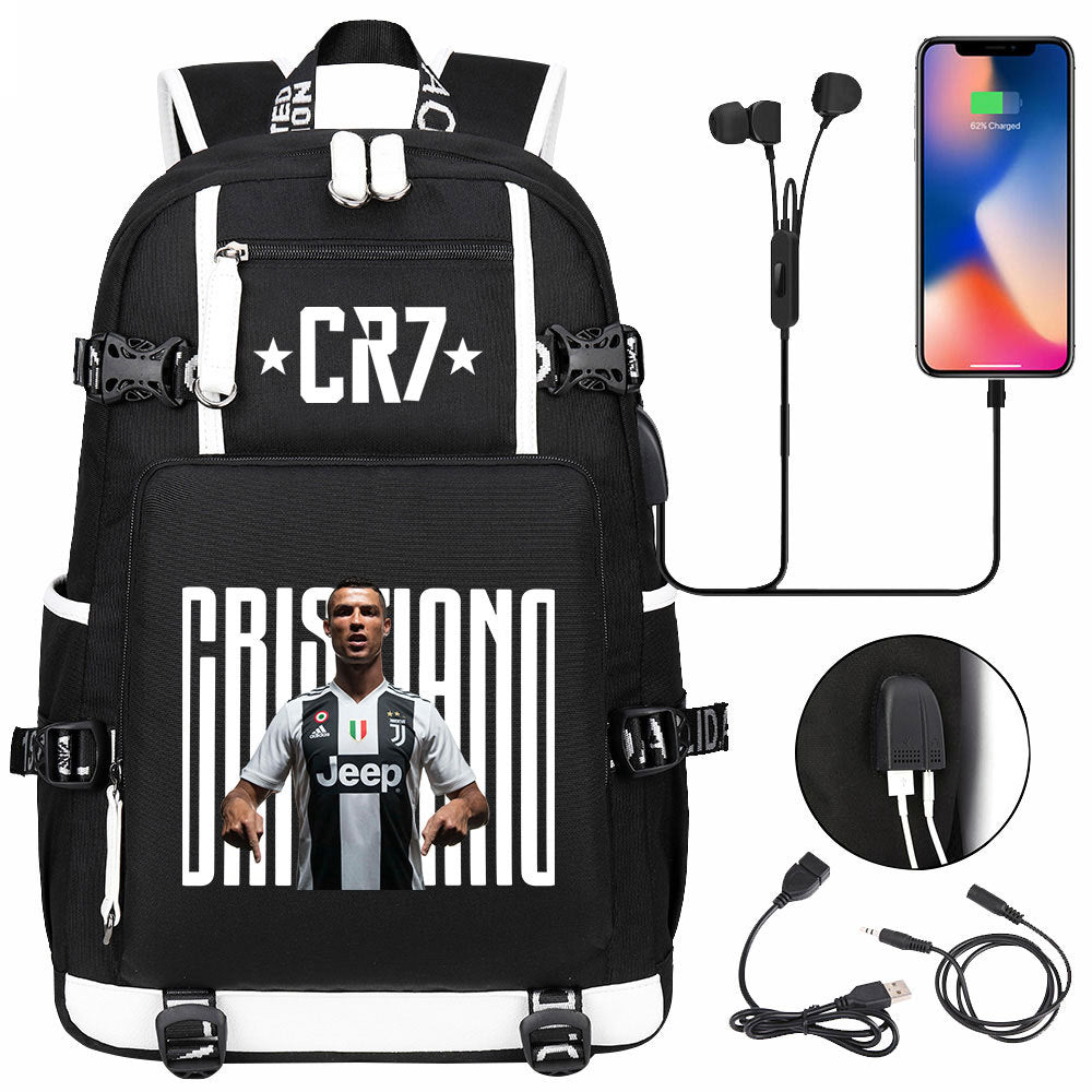 CR7 Football Ronaldo USB Charging Backpack School Notebook Travel Bags