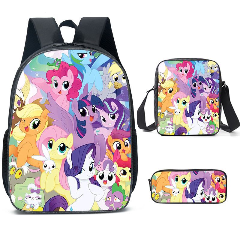 My Little Pony Full Printed Backpack Schoolbag Travel Notebook Bag Lunch Bag Pencil Bag for Kids Students 3PCS