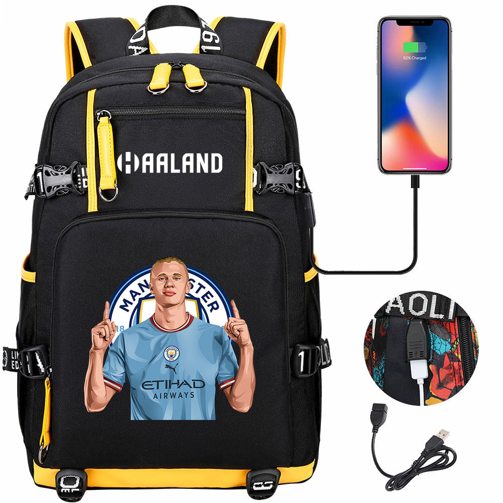 Manchester Football Haaland USB Charging Backpack School Notebook Travel Bags