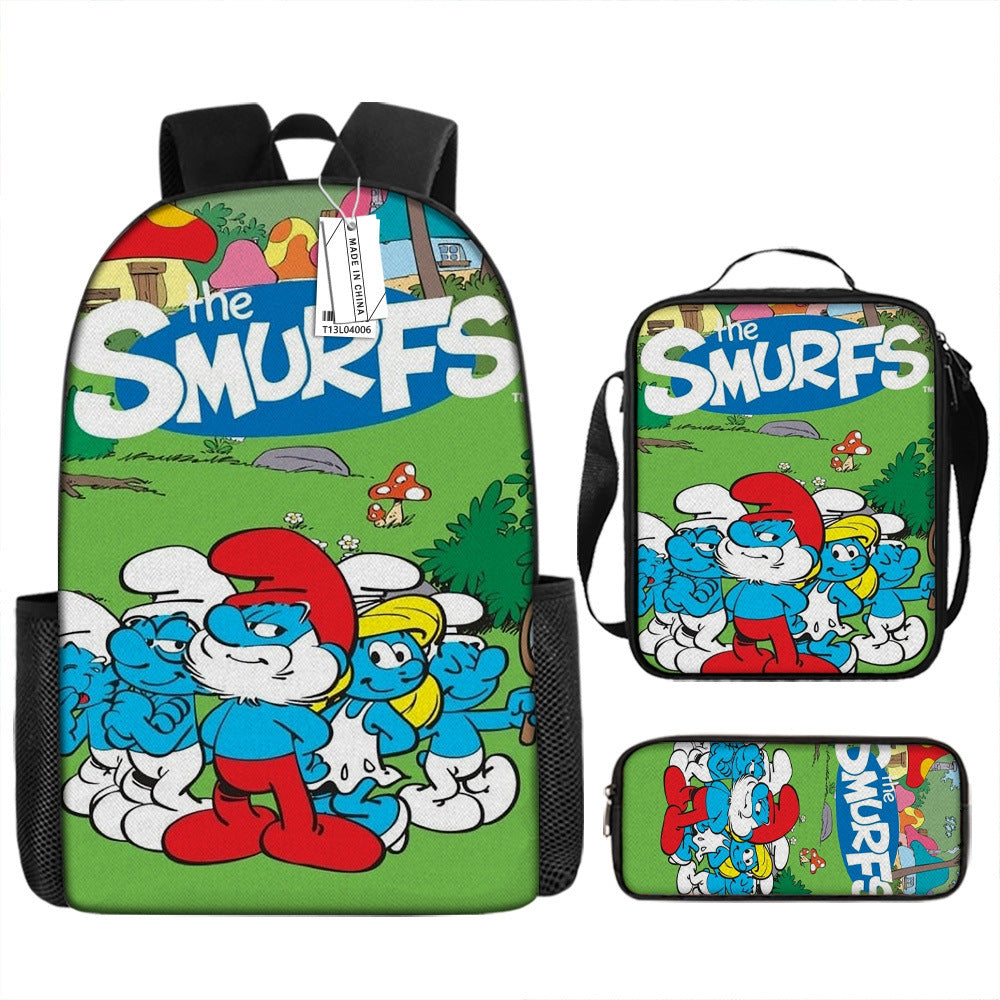 The Smurfs Full Printed Backpack Schoolbag Travel Notebook Bag Lunch Bag Pencil Bag for Kids Students 3PCS