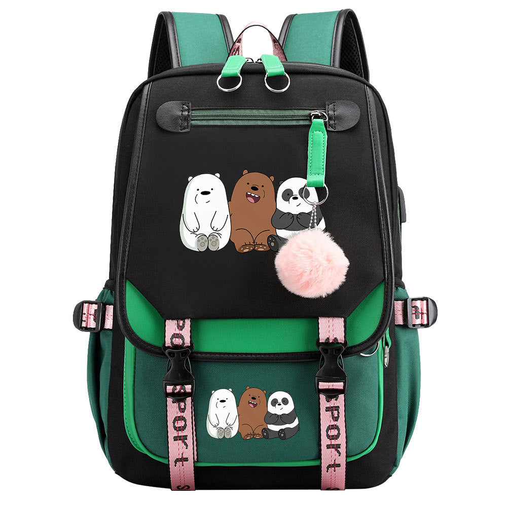 We BareBears Waterproof Backpack School Notebook Travel Bags USB Charging