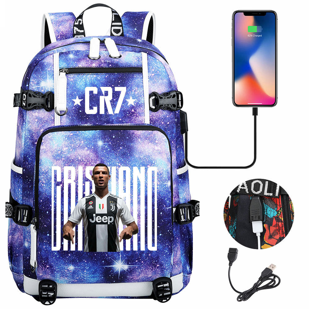 CR7 Football Ronaldo USB Charging Backpack School Notebook Travel Bags