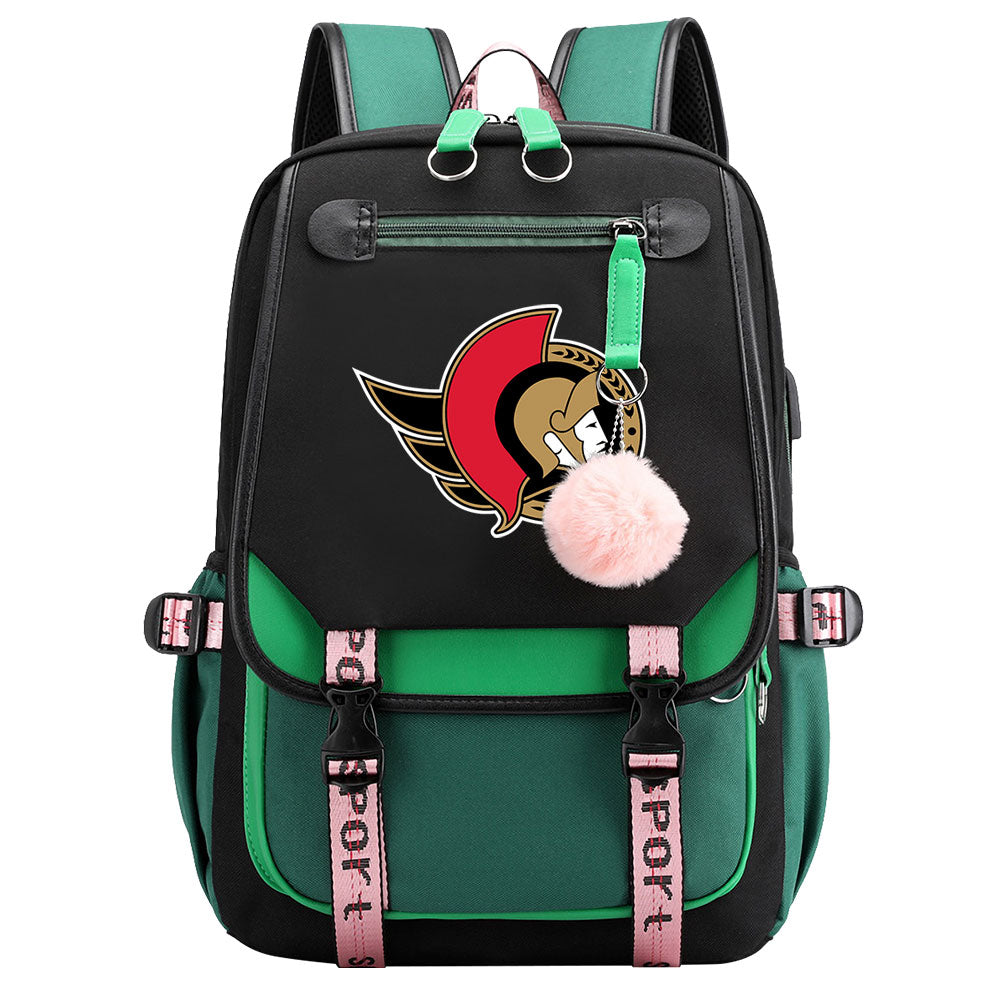 Ottawa Senators Hockey League Waterproof Backpack School Notebook Travel Bag USB Charging